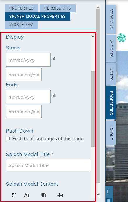 Scroll through and configure the Splash Modal Properties
