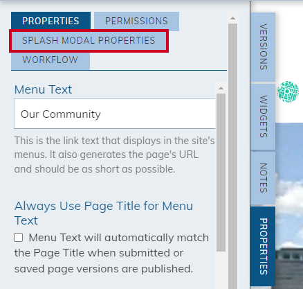 Select Splash Modal Properties