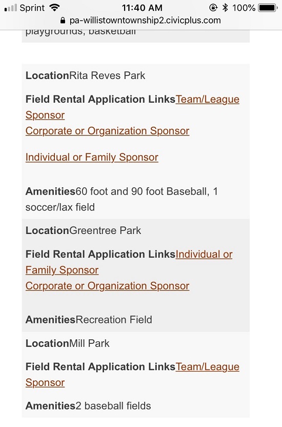 An example single-column table of rentable locations with their field rental links, and amenities. Each cell lists a specific location and its relevant information.