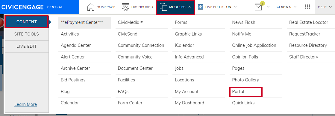 Portal selected in Modules listing.