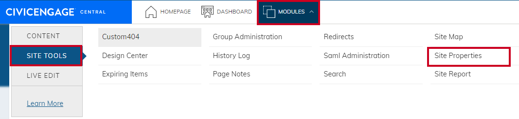 site tools selected under site properties.