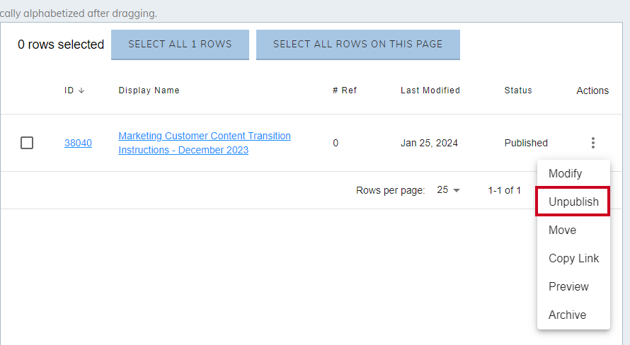 The Unpublish option on a document's Action menus.