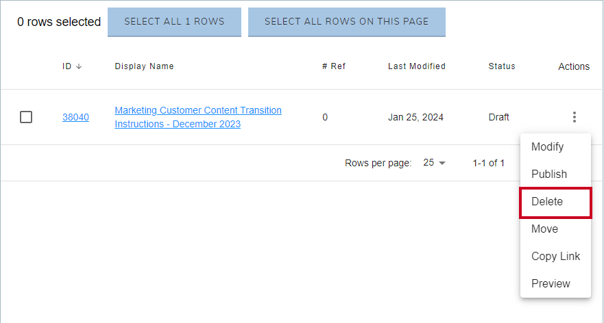 The Delete option on a document's Action menus.
