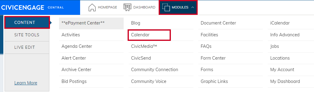 Modules menu with calendar selected.