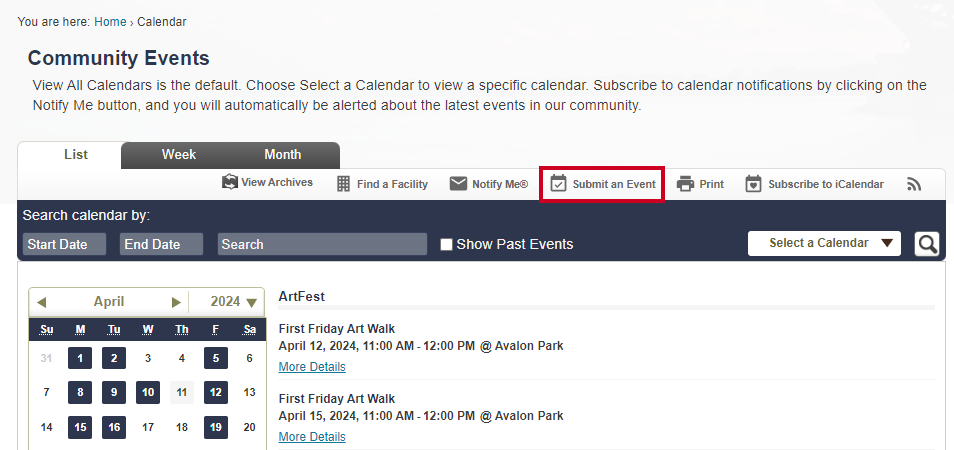 The button labeled Submit an Event.