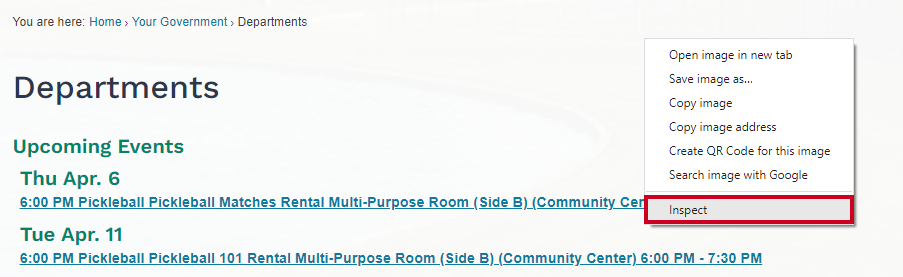 A context menu with the Inspect option highlighted.
