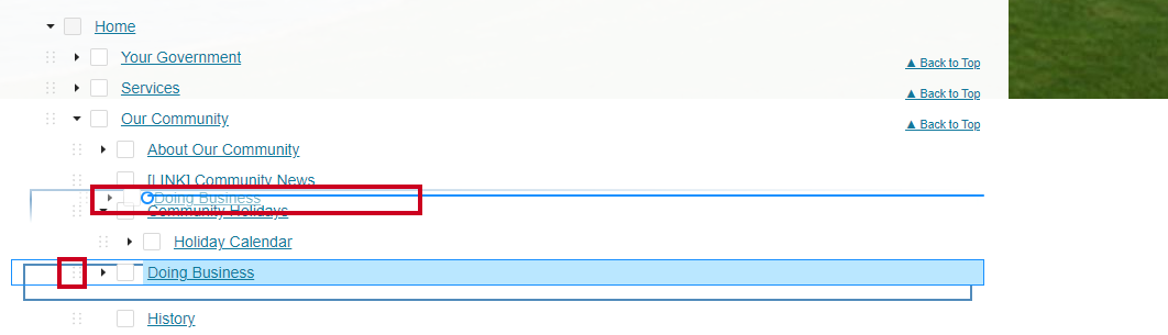Example page that is being dragged and dropped to another section.
