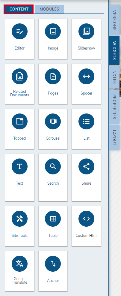 widget icons found on Content tab