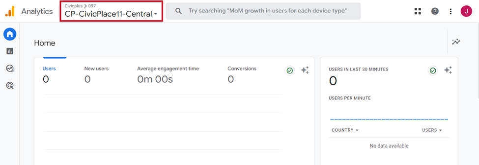 The property dropdown to the right of the Analytics logo.