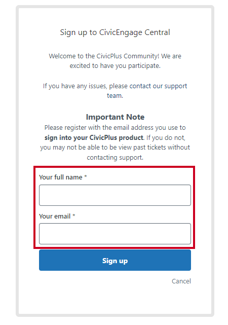 full name and email fields.
