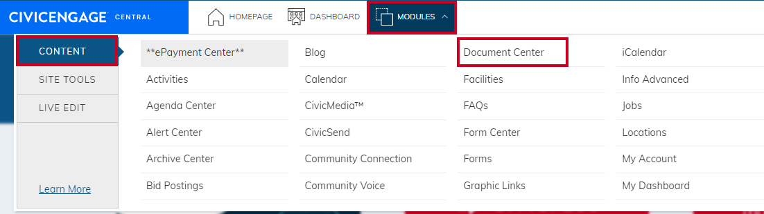 modules - content - document center.