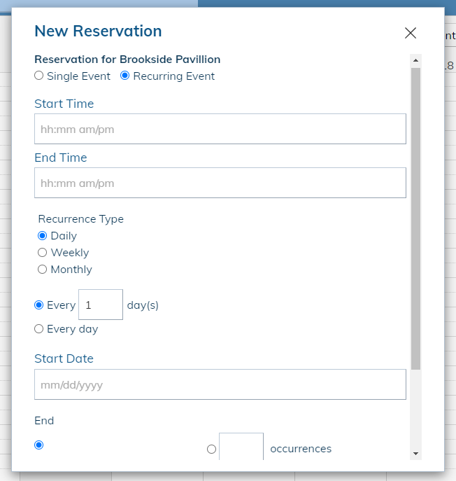 Recurring reservation fields.