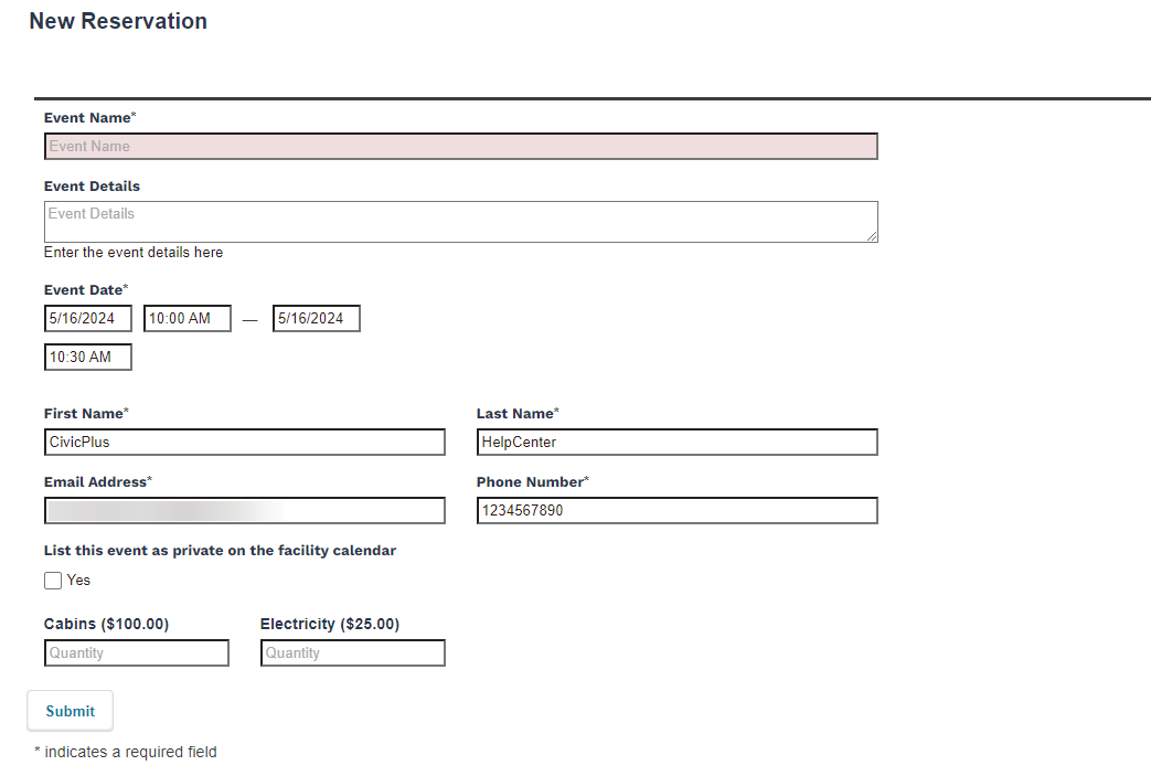 Reservation form fields.