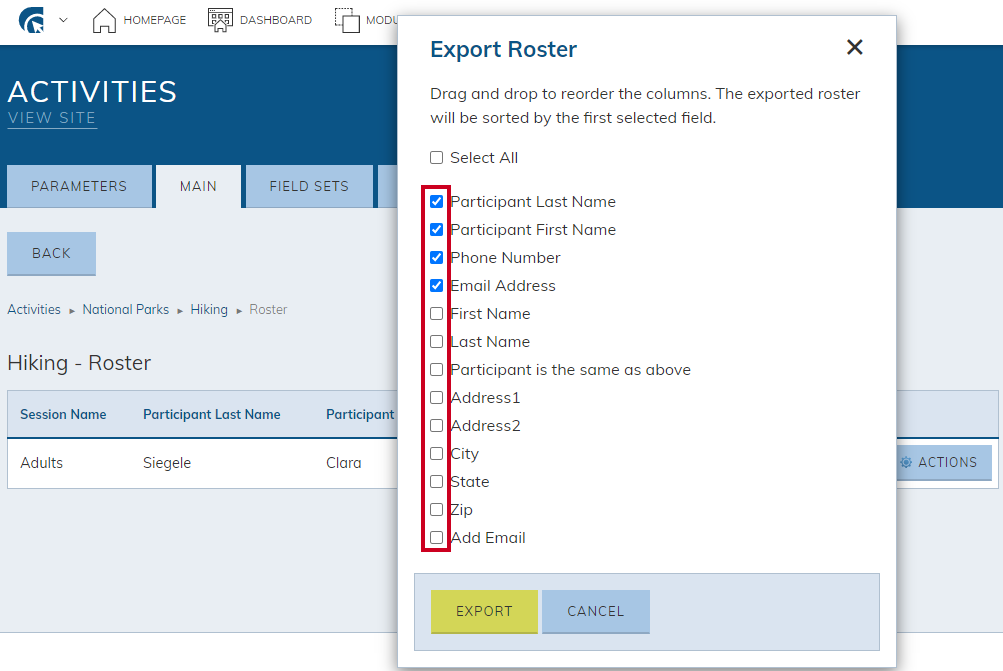 Export roster checkboxes.
