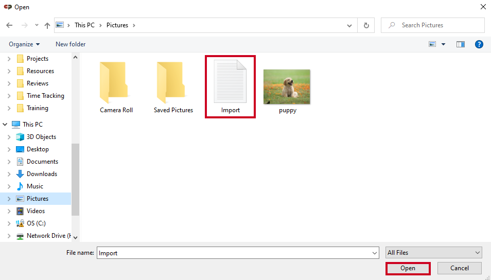 Windows File Explorer Dialog with your chosen file and the open button highlighted.