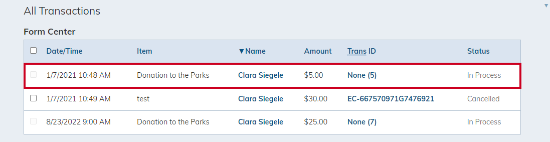 ePay transaction selection