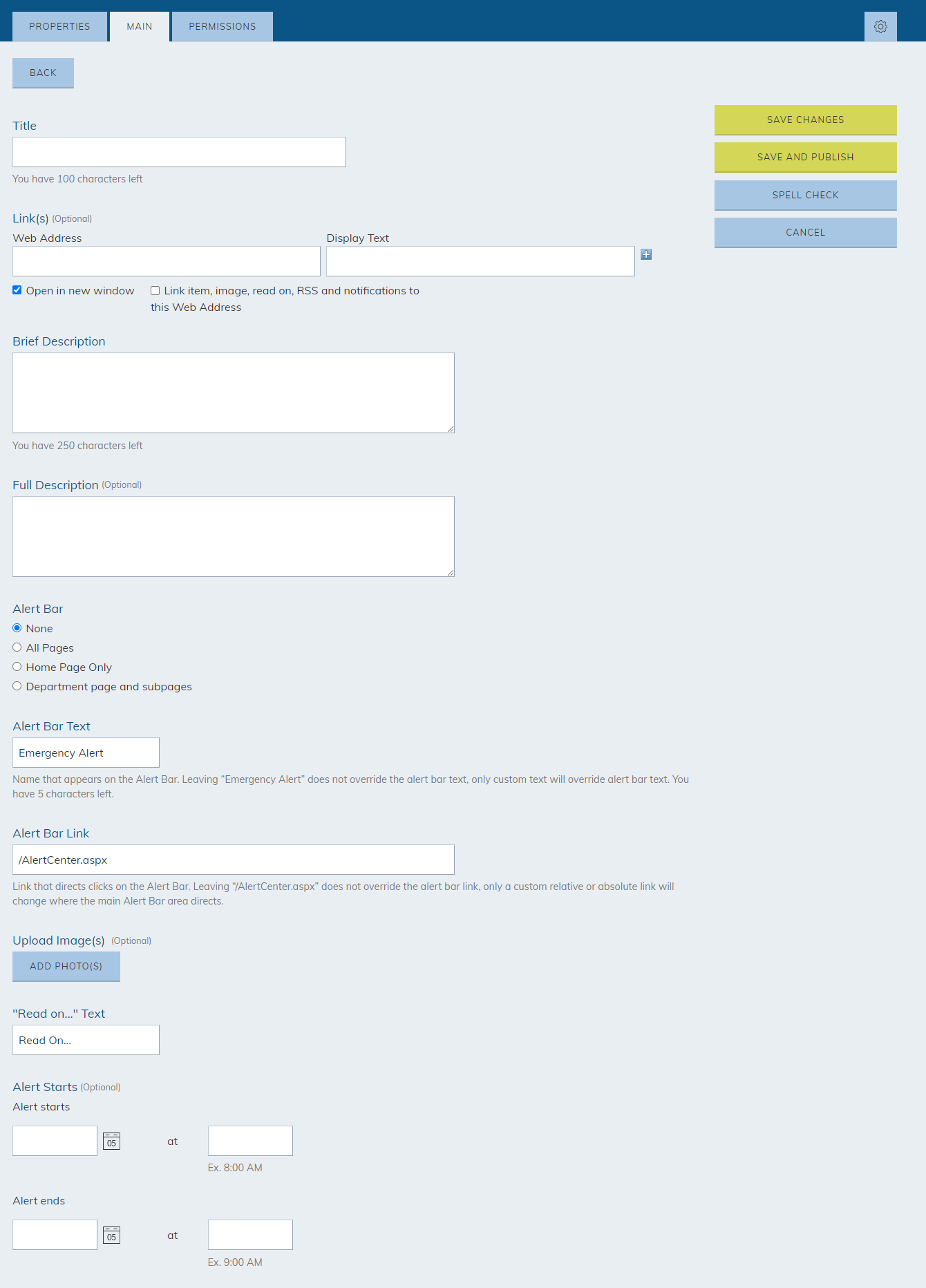 The text entry fields and options to Add an Alert.