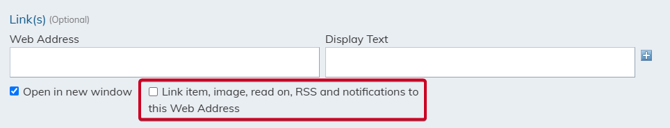 The toggle labeled Link item, image, read on, R S S and notifications to this Web Address.
