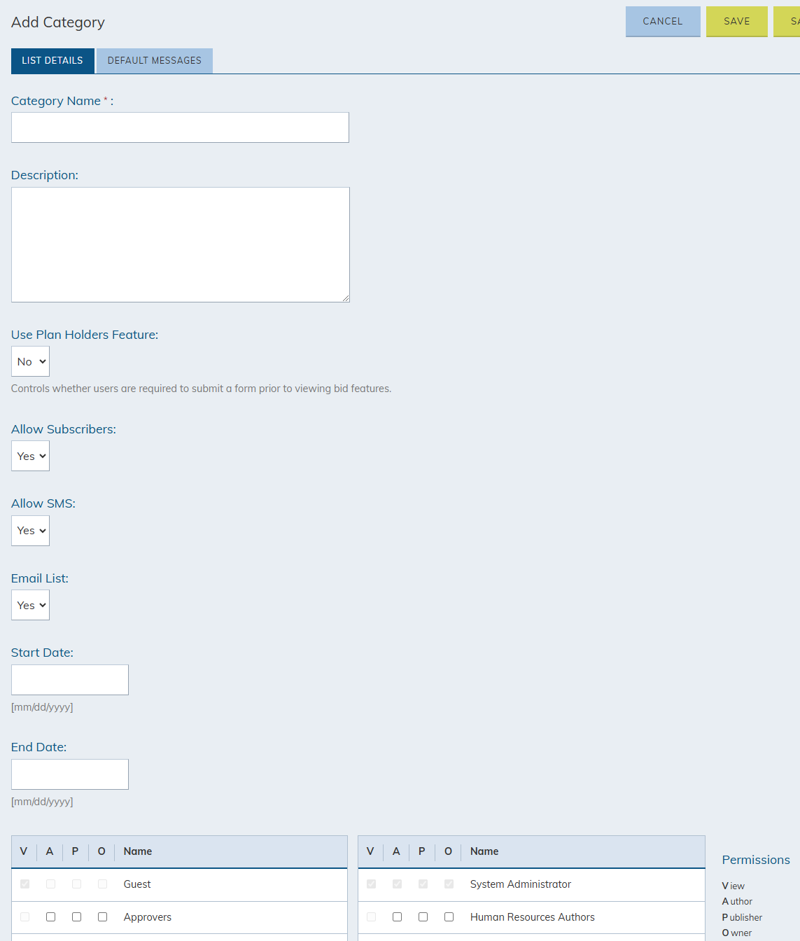 New category fields.