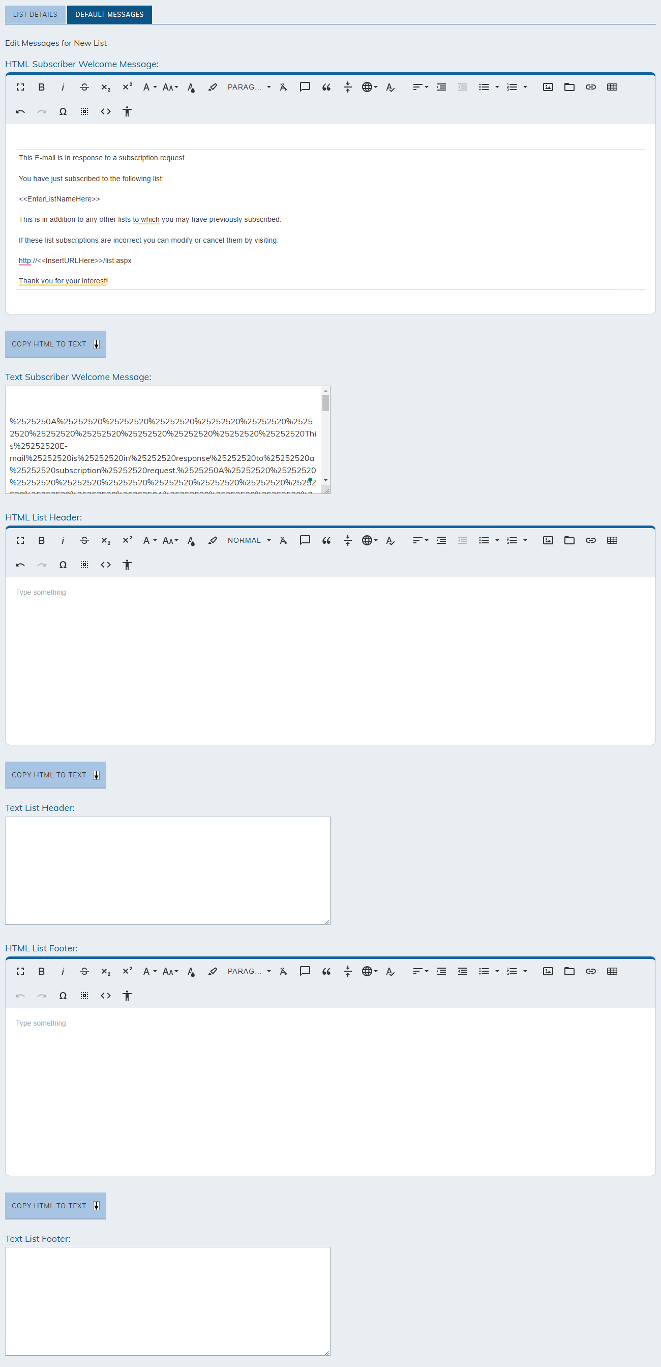Default messages tab fields.