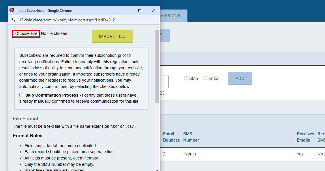 The Choose File button in the Import Subscribers pop-up modal.