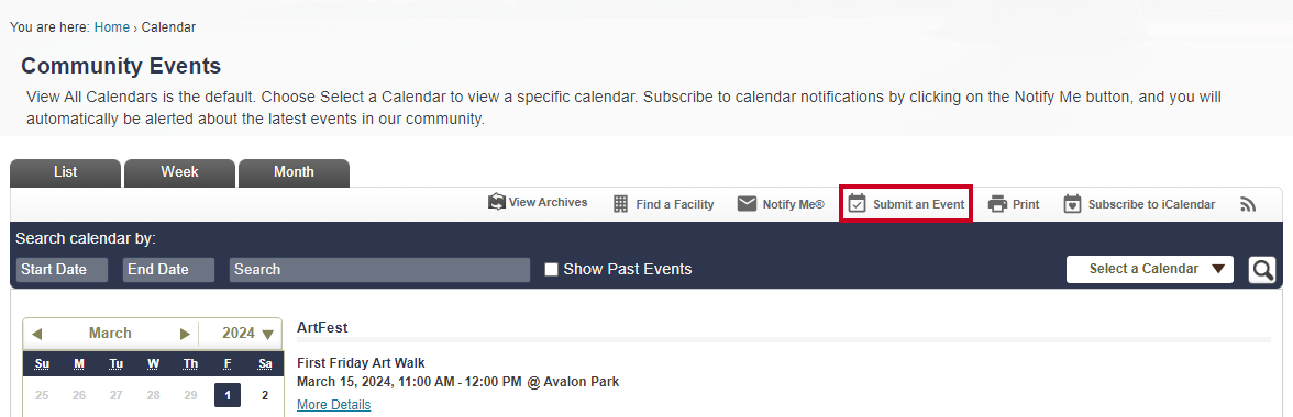 Submit an event button on Calendar.