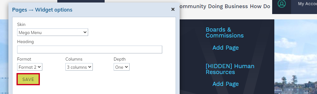 Web Central, Mega Menu, Pages Widget Options Dialog box, save button.