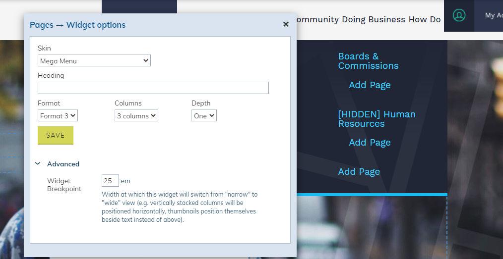 Web Central Mega Menu, Pages Widget Options dialog box.