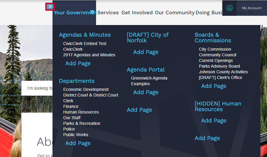 Web Central, Global Navigation/Mega Menu Options button.