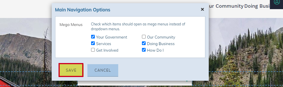 Web Central, Global Navigation/Mega Menu Options Dialog, save button.