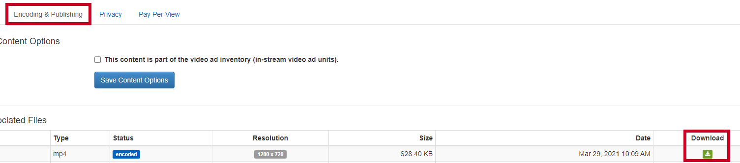 Encoding and Publishing Download Button.
