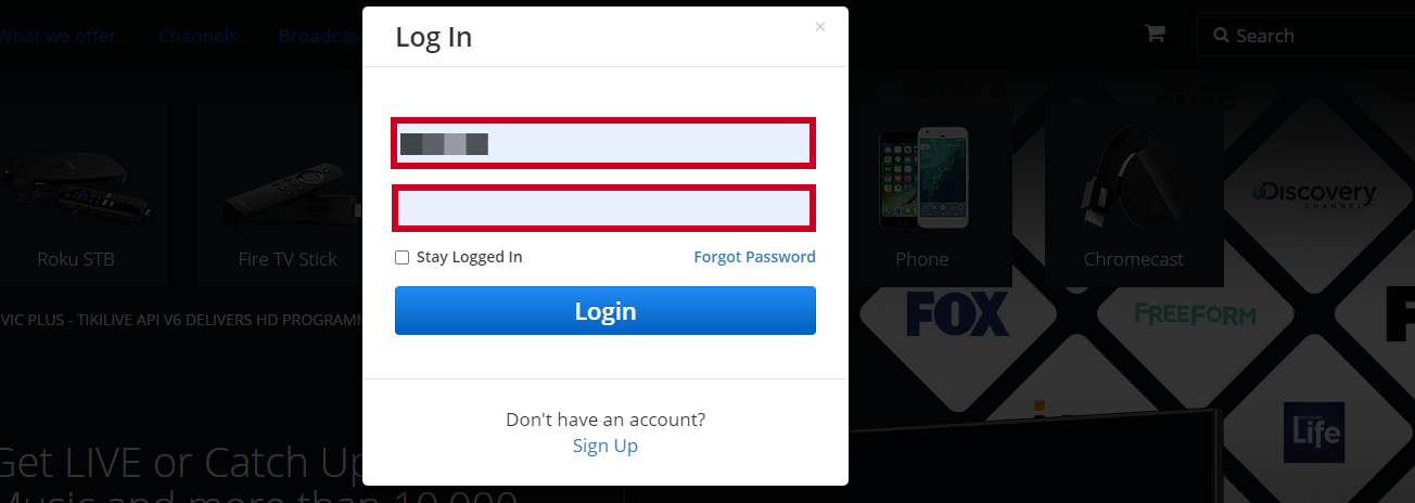 The TikiLive username and password screen.