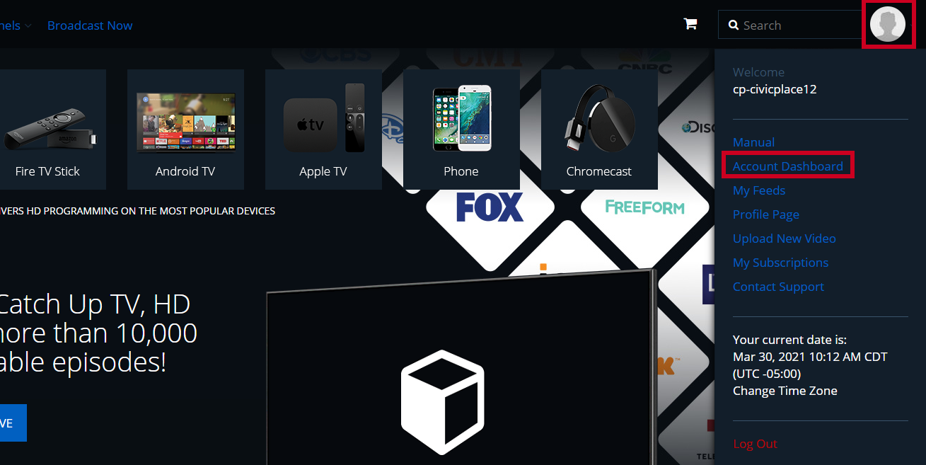The user profile menu's account dashboard option.