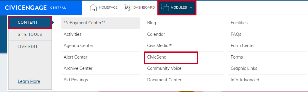 CivicSend option in Modules menu.