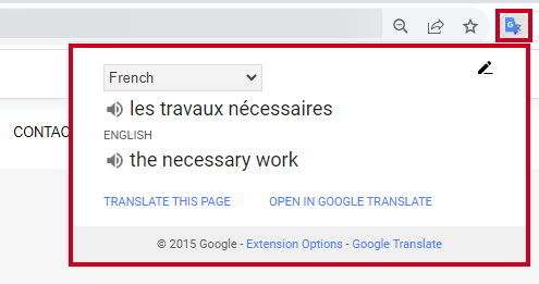 Google Translate extension and a translation example in the Google Chrome browser.