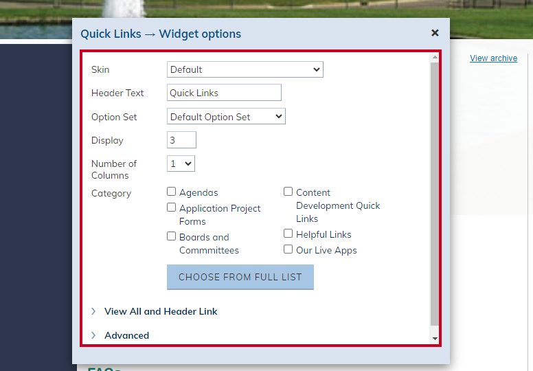 quick links options.