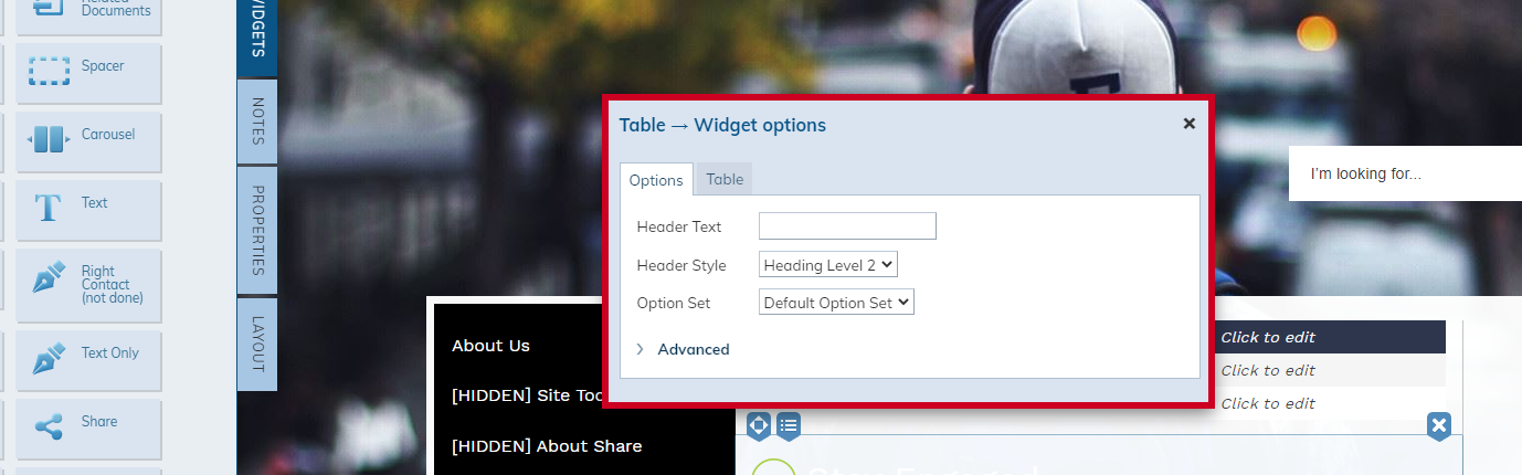 table widget options
