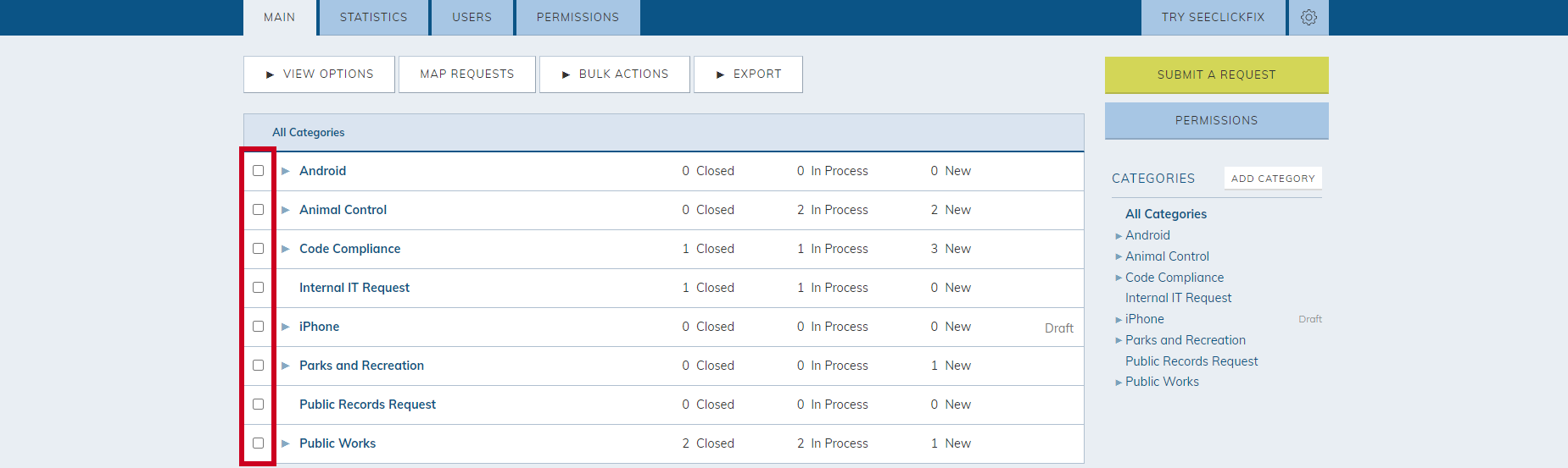 Select categories for Bulk Actions