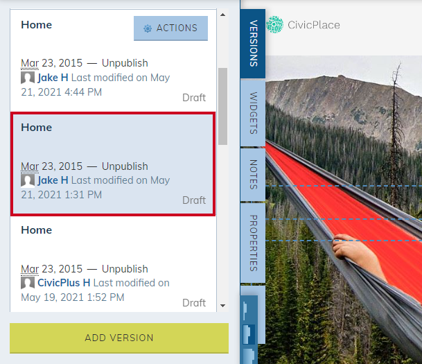 An example draft version in the Versions menu without an action button.