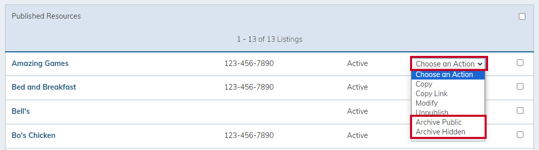 Choose an Action menu with Archive options.