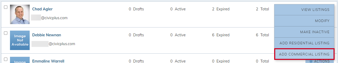 Seller Actions Menu Add Commercial Listing.