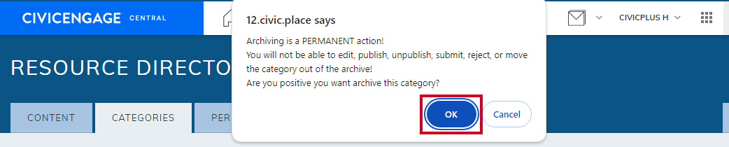 Ok button on confirmation pop-up.