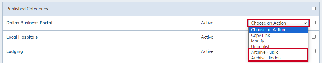 Choose action drop-down with archive options.
