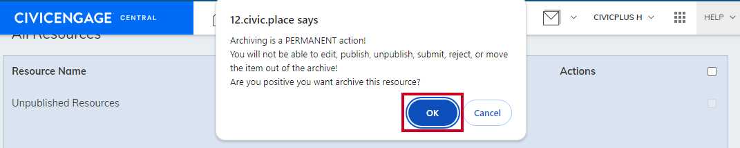 Ok button on confirmation pop-up.