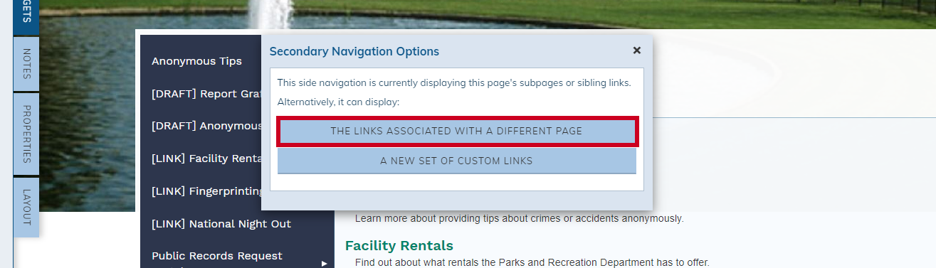 Web Central, Secondary Navigation Options, Links Associated with a Different Page option.
