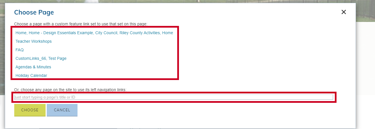 Web Central, Secondary Navigation Options, Choose Page dialog box.