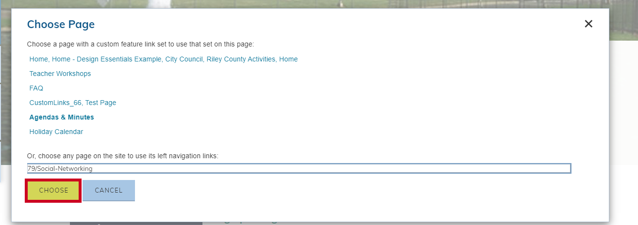 Web Central, Secondary Navigation Options, Choose Page dialog box, Choose button.