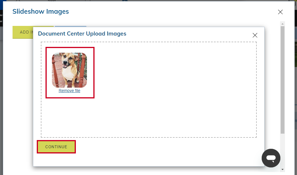 continue button in lower left corner of image upload box.