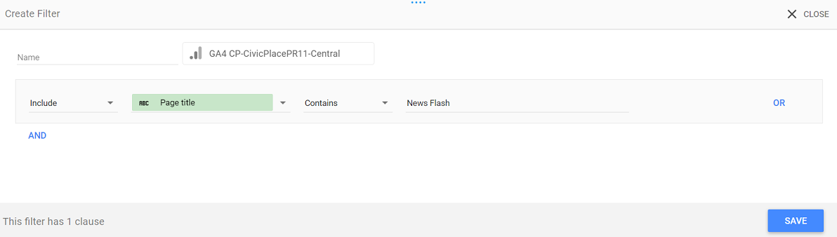 An example of a filter to display Page Titles that contain the term New Flash.