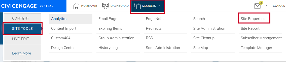 Site Properties option under Site Tools.